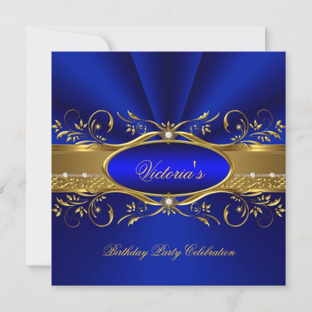 Invitación Elegante Fiesta de Cumpleaños Royal Blue Gold 2A (Anverso)