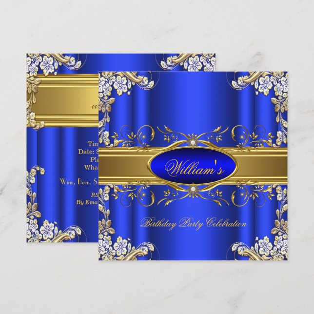 Invitación Elegante fiesta de cumpleaños Royal Blue Gold 4 (Anverso / Reverso)