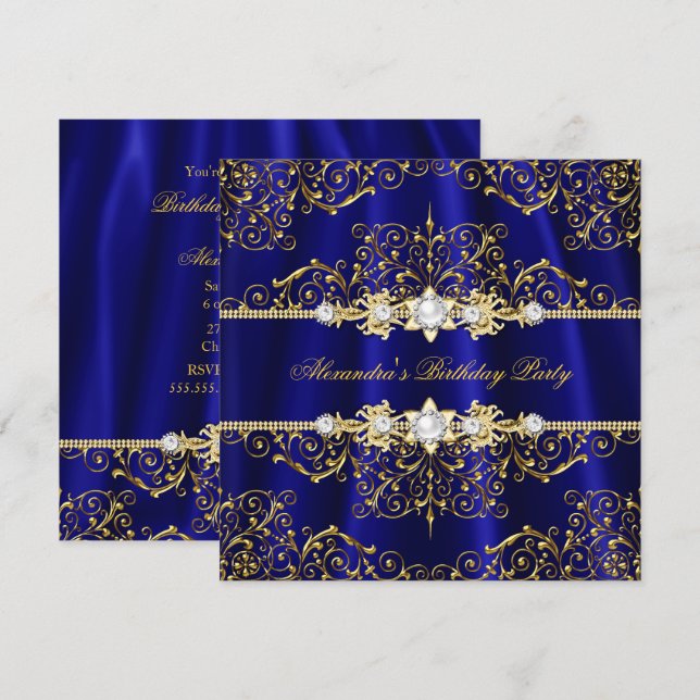 Invitación Elegante fiesta de cumpleaños Royal Blue & Gold Da (Anverso / Reverso)