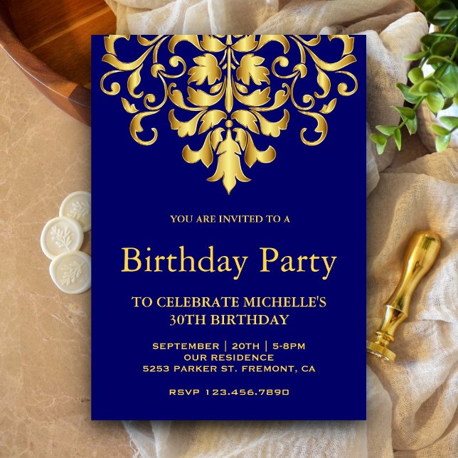 Invitación Elegante fiesta de cumpleaños Royal Blue Gold Dama (Subido por el creador)