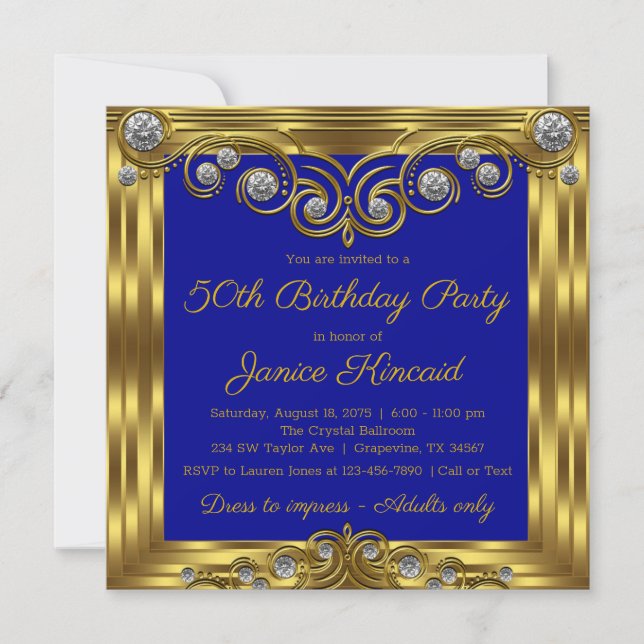 Invitación Elegante fiesta de cumpleaños Royal Blue Gold para (Anverso)
