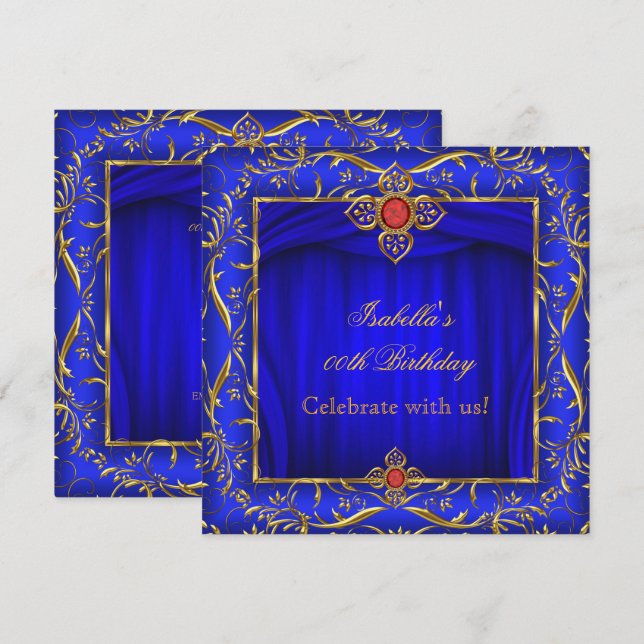 Invitación Elegante fiesta de cumpleaños Royal Blue Red Gold (Anverso / Reverso)