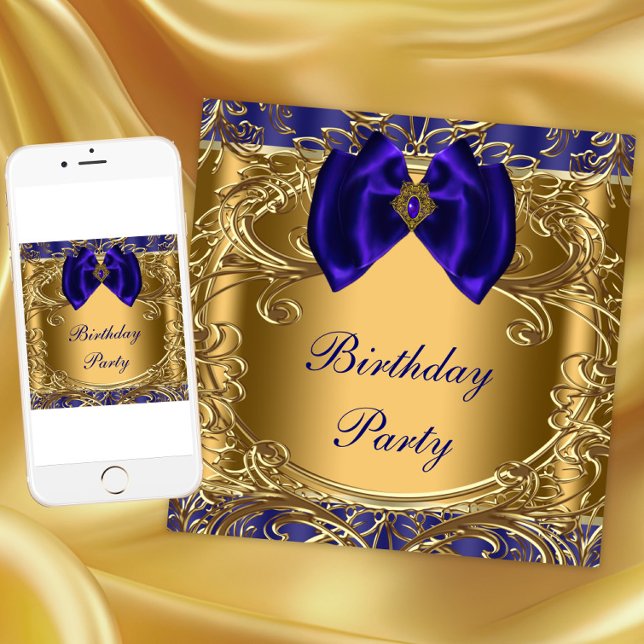 Invitación Elegante fiesta de cumpleaños Royal Blue y Gold (Any event invitation. Instant download and printed invitations available.)