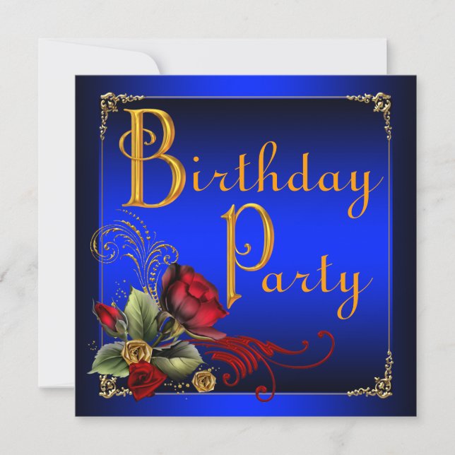 Invitación Elegante fiesta de cumpleaños Royal Blue y Red Ros (Anverso)