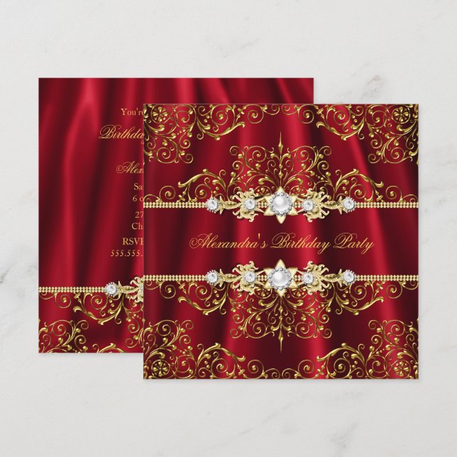 Invitación Elegante fiesta de cumpleaños Royal Red & Gold Dam (Anverso / Reverso)