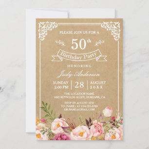 Invitación Elegante fiesta de cumpleaños Rústica Floral Kraft