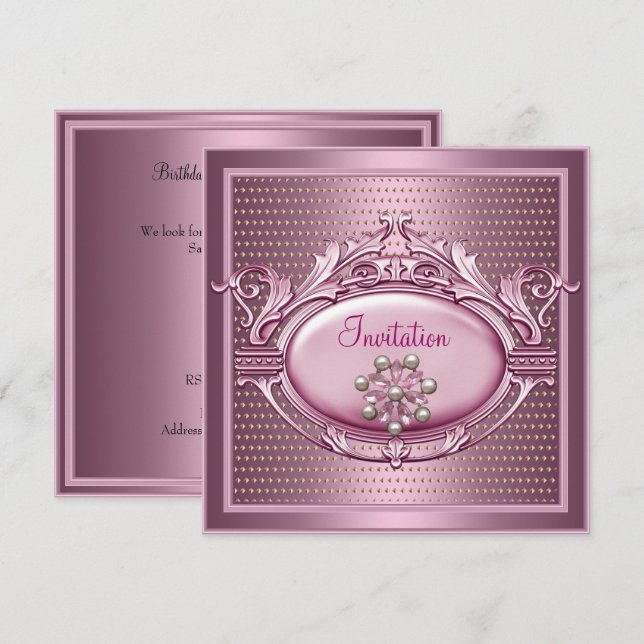 Invitación Elegante fiesta de cumpleaños Satin Pink Pearl Jew (Anverso / Reverso)