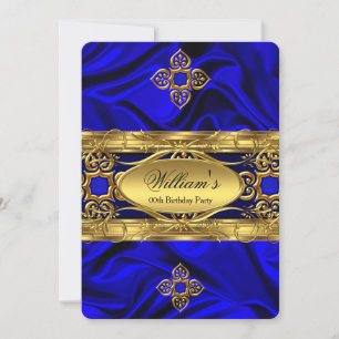 Invitación Elegante Fiesta de Cumpleaños Seda Azul Real Oro G