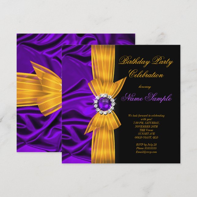 Invitación Elegante Fiesta de Cumpleaños Seda Morada Naranja  (Anverso / Reverso)