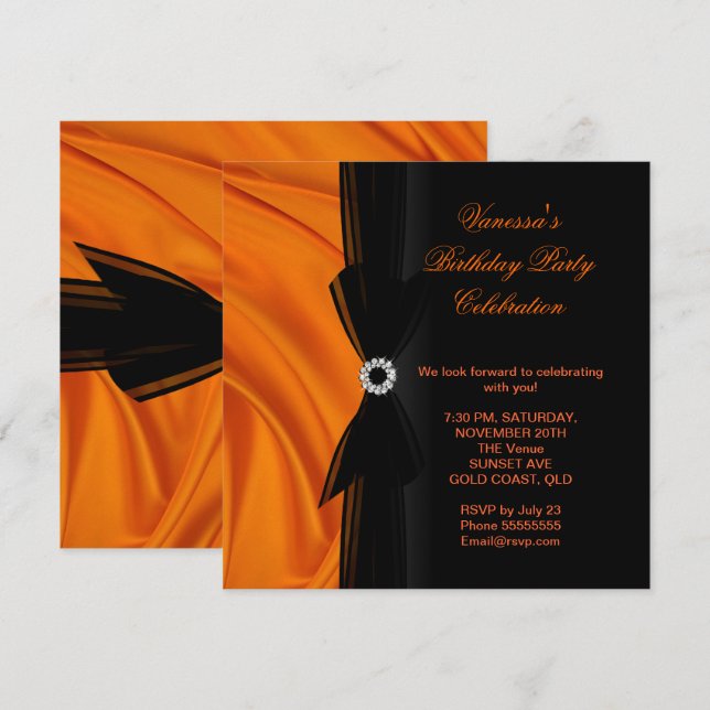Invitación Elegante Fiesta de Cumpleaños Seda Naranja Negra (Anverso / Reverso)