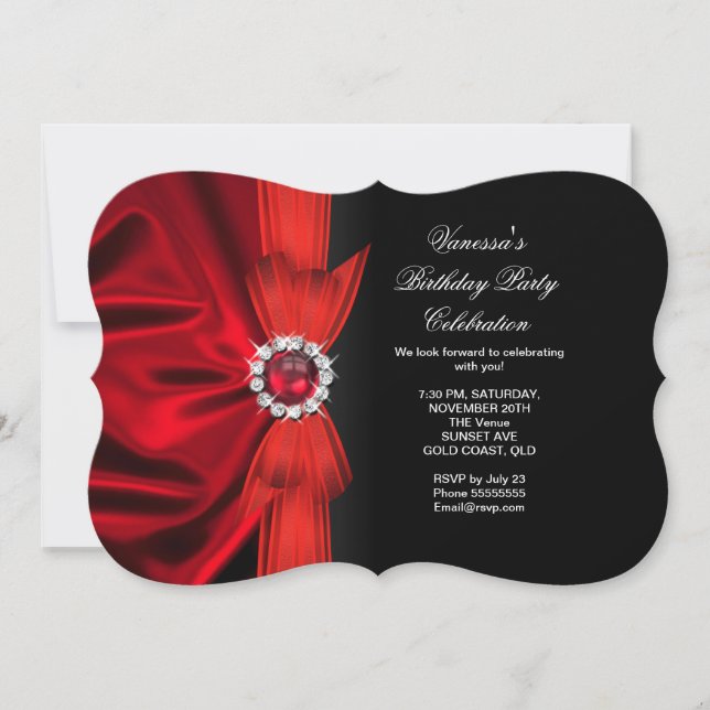 Invitación Elegante Fiesta de Cumpleaños Seda Rojo Profundo N (Anverso)