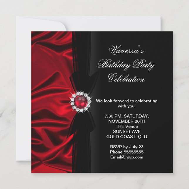Invitación Elegante Fiesta de Cumpleaños Seda Rojo Profundo N (Anverso)
