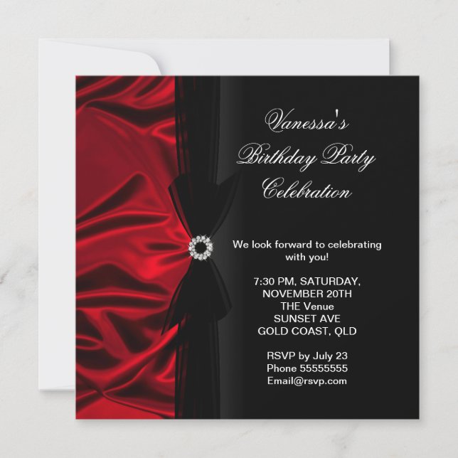 Invitación Elegante Fiesta de Cumpleaños Seda Rojo Profundo N (Anverso)