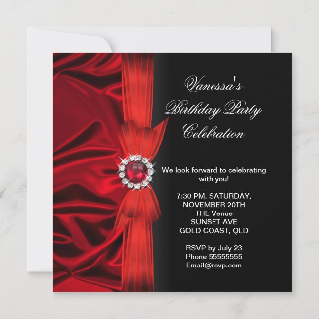Invitación Elegante Fiesta de Cumpleaños Seda Rojo Profundo N (Anverso)