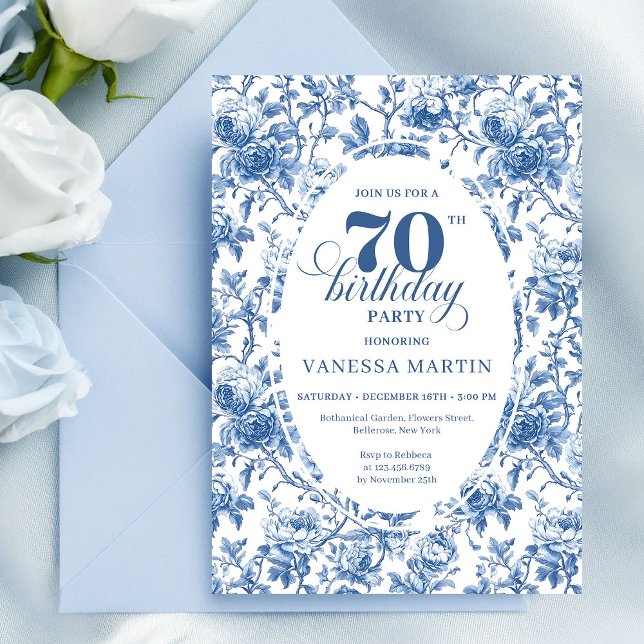 Invitación Elegante fiesta de cumpleaños setenta con rosas de (Elegant navy toile roses seventieth birthday party invitation

)