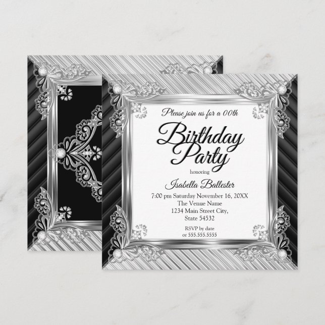 Invitación Elegante fiesta de cumpleaños Silver Cromado Diama (Anverso / Reverso)