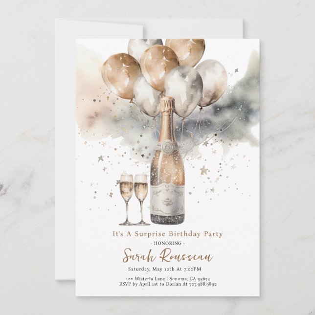 Invitación Elegante fiesta de cumpleaños sorpresa Champagne (Anverso)