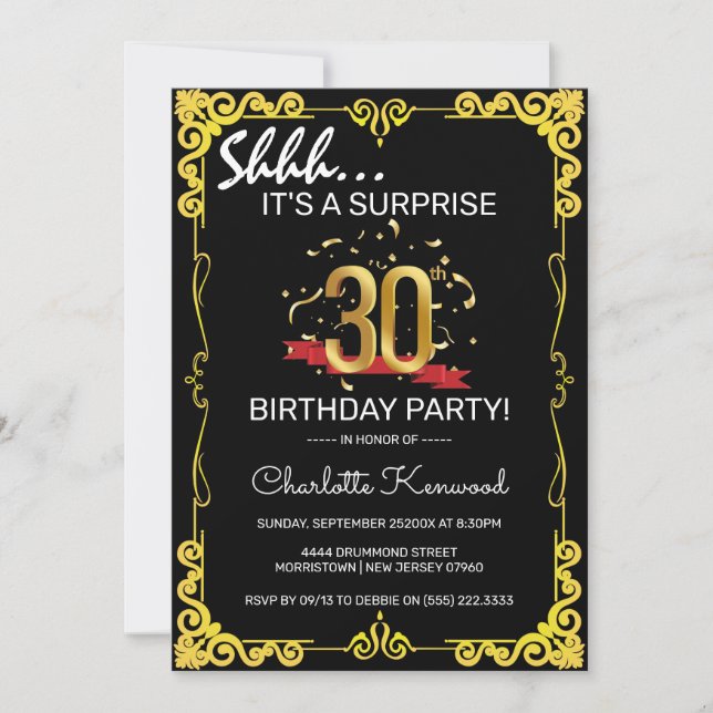 Invitación Elegante fiesta de cumpleaños sorpresa de Black &  (Anverso)