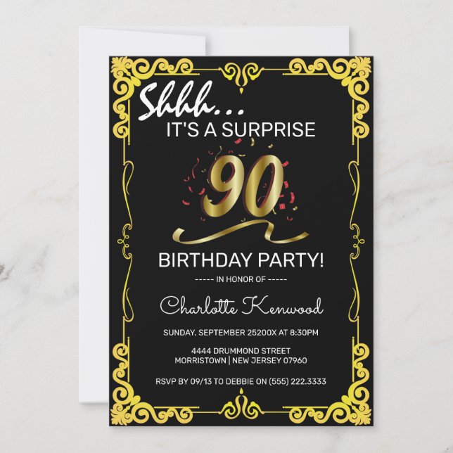 Invitación Elegante fiesta de cumpleaños sorpresa en negro y  (Anverso)
