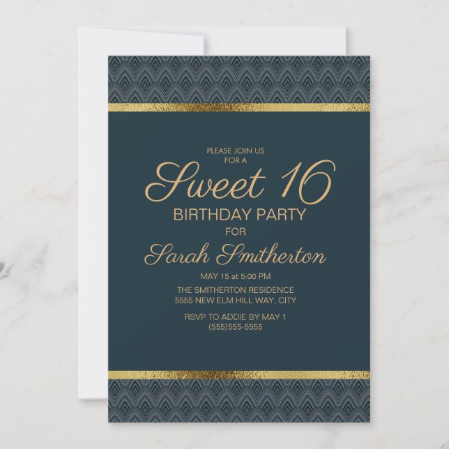Invitación Elegante fiesta de cumpleaños Sweet 16 azul marino (Anverso)