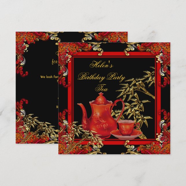 Invitación Elegante fiesta de cumpleaños té rojo dorado bambú (Anverso / Reverso)