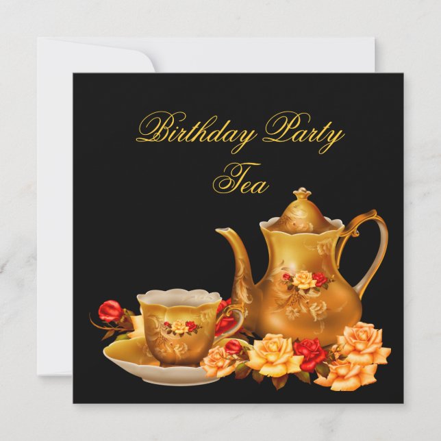 Invitación Elegante fiesta de cumpleaños Tea Black Red Gold (Anverso)