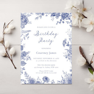 Invitación Elegante fiesta de cumpleaños Toile French Blue