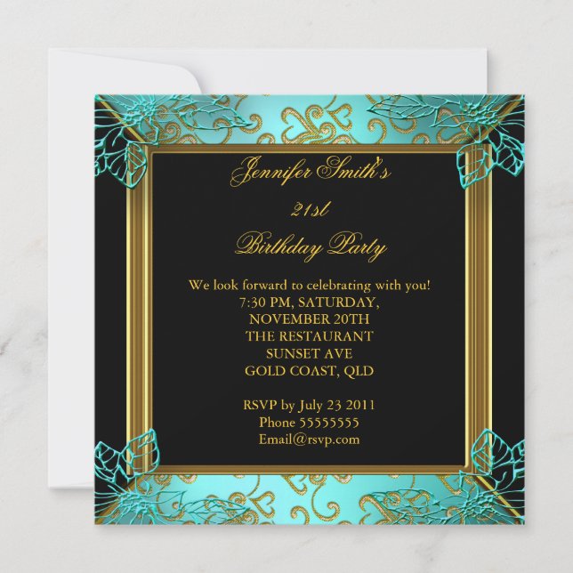 Invitación Elegante fiesta de cumpleaños Verde azulado Damasc (Anverso)