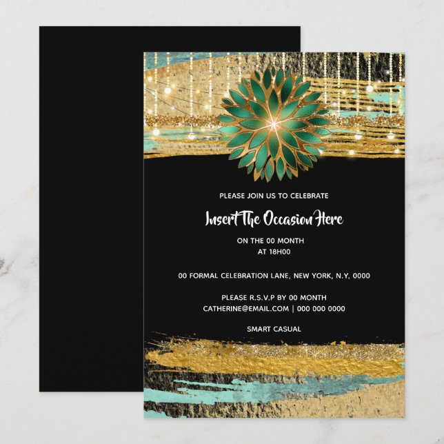 Invitación Elegante fiesta de cumpleaños verde azulado de oro (Anverso / Reverso)