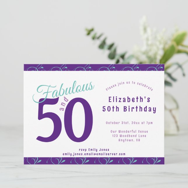 Invitación Elegante Fiesta de Cumpleaños Verde azulado Morado (Anverso de pie)