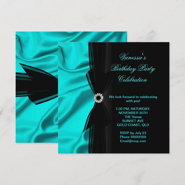 Invitación Elegante fiesta de cumpleaños Verde azulado negro  (Anverso / Reverso)