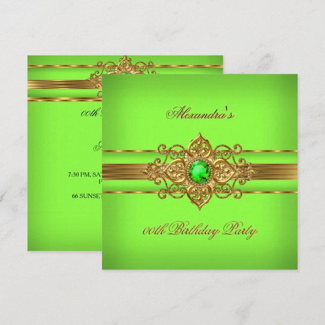 Invitación Elegante Fiesta de Cumpleaños Verde Lima Joyas Dor (Anverso / Reverso)