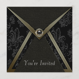 Invitación Elegante Fiesta de Damasco Negro y Dorado