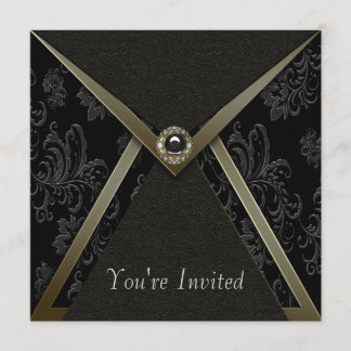 Invitación Elegante Fiesta de Damasco Negro y Dorado