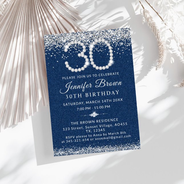 Invitación Elegante Fiesta de Denim Azul y Diamantes 30 cumpl (Diamonds and Denim 30th Birthday Party Invitation)