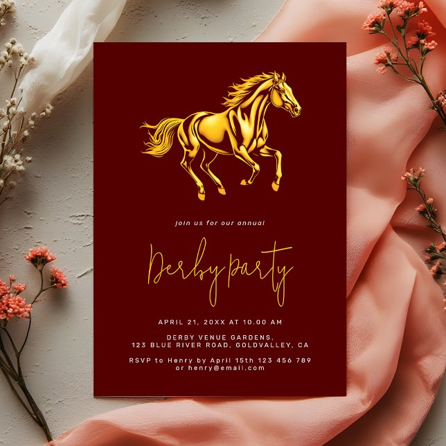 Invitación Elegante fiesta de derby de caballo alazán dorado  (Subido por el creador)