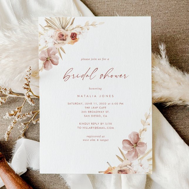 Invitación Elegante Fiesta de Despedida de Soltera Boho Acuar (Elegant Boho Watercolor Floral Bridal Shower Invitation)