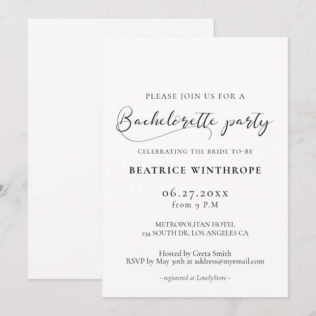 Invitación Elegante fiesta de despedida de soltera con caligr (Anverso / Reverso)