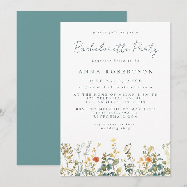 Invitación Elegante Fiesta de Despedida de Soltera con Flores (Anverso / Reverso)