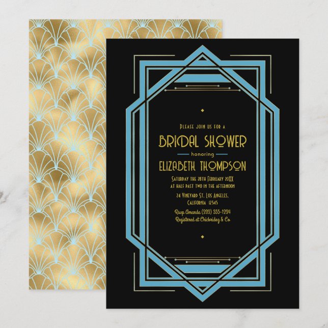 Invitación Elegante Fiesta de Despedida de Soltera Gatsby Art (Anverso / Reverso)