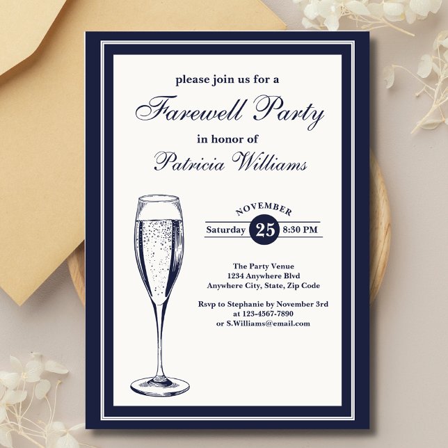 Invitación Elegante Fiesta de despedida formal oscuro Bleu Wh (Subido por el creador)
