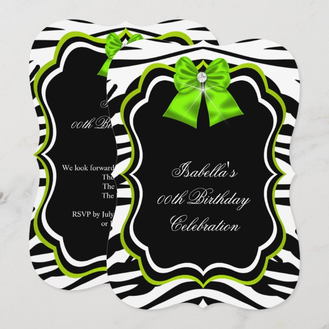 Invitación Elegante Fiesta de diamantes verde de cebra salvaj (Anverso / Reverso)