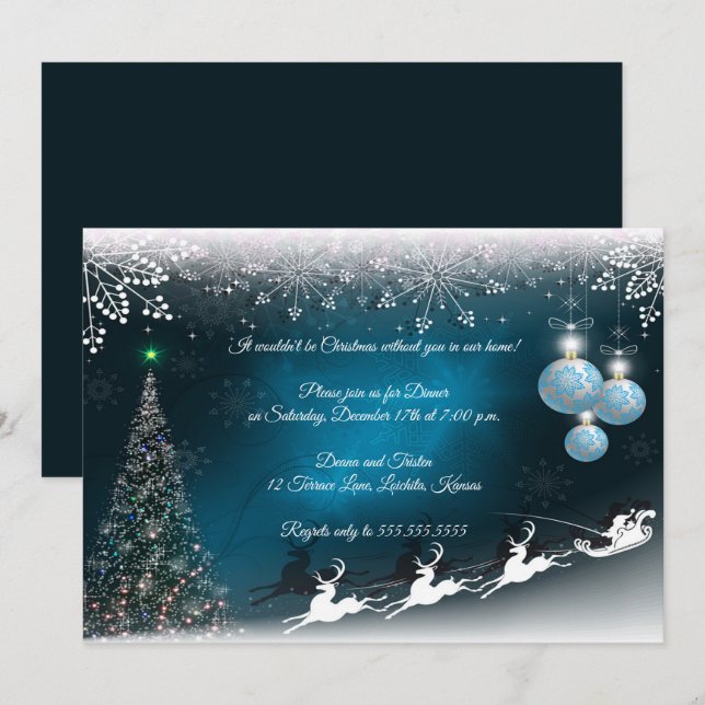 Invitación Elegante Fiesta de diseño de Navidades azules y bl (Anverso / Reverso)