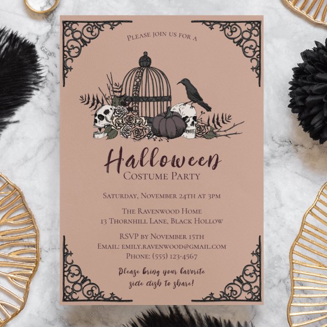 Invitación Elegante Fiesta de Disfraces para Adultos Oscuros  (Vintage Orange and Black Halloween Party Invitation. Hand Drawn Raven Pumpkin Skull Roses & Birdcage)