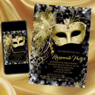 Invitación Elegante fiesta de disfraz con brillo de oro negro