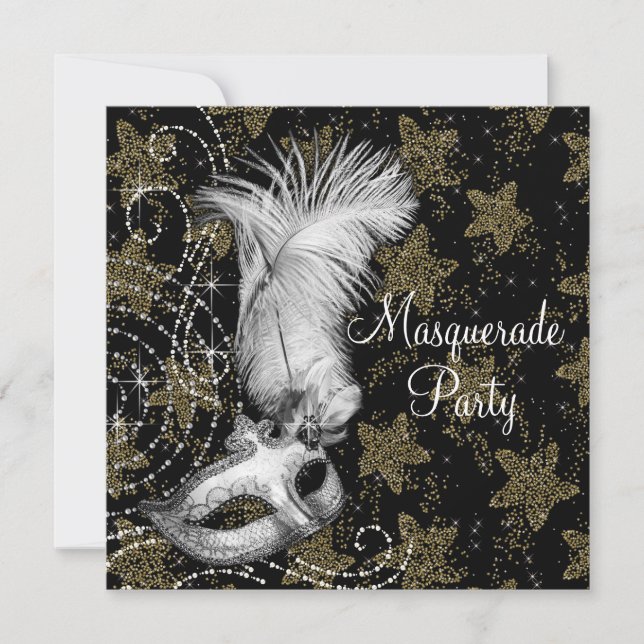 Invitación Elegante fiesta de disfraz de blanco negro y oro (Anverso)