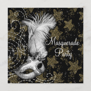 Invitación Elegante fiesta de disfraz de blanco negro y oro