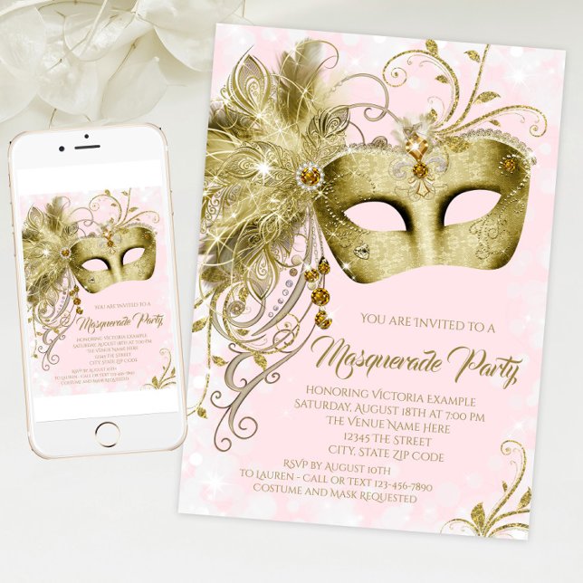 Invitación Elegante fiesta de disfraz de oro rosa (Pink and gold masquerade party invitation with elegant gold jewel mask. For download and print.)