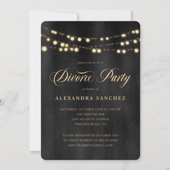 Invitación Elegante Fiesta de Divorcio Negro y Oro (Anverso)