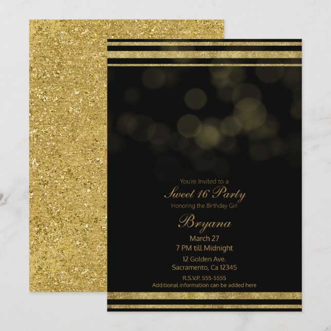 Invitación Elegante Fiesta de Dulces 16 con Brillo de Oro Neg (Anverso / Reverso)